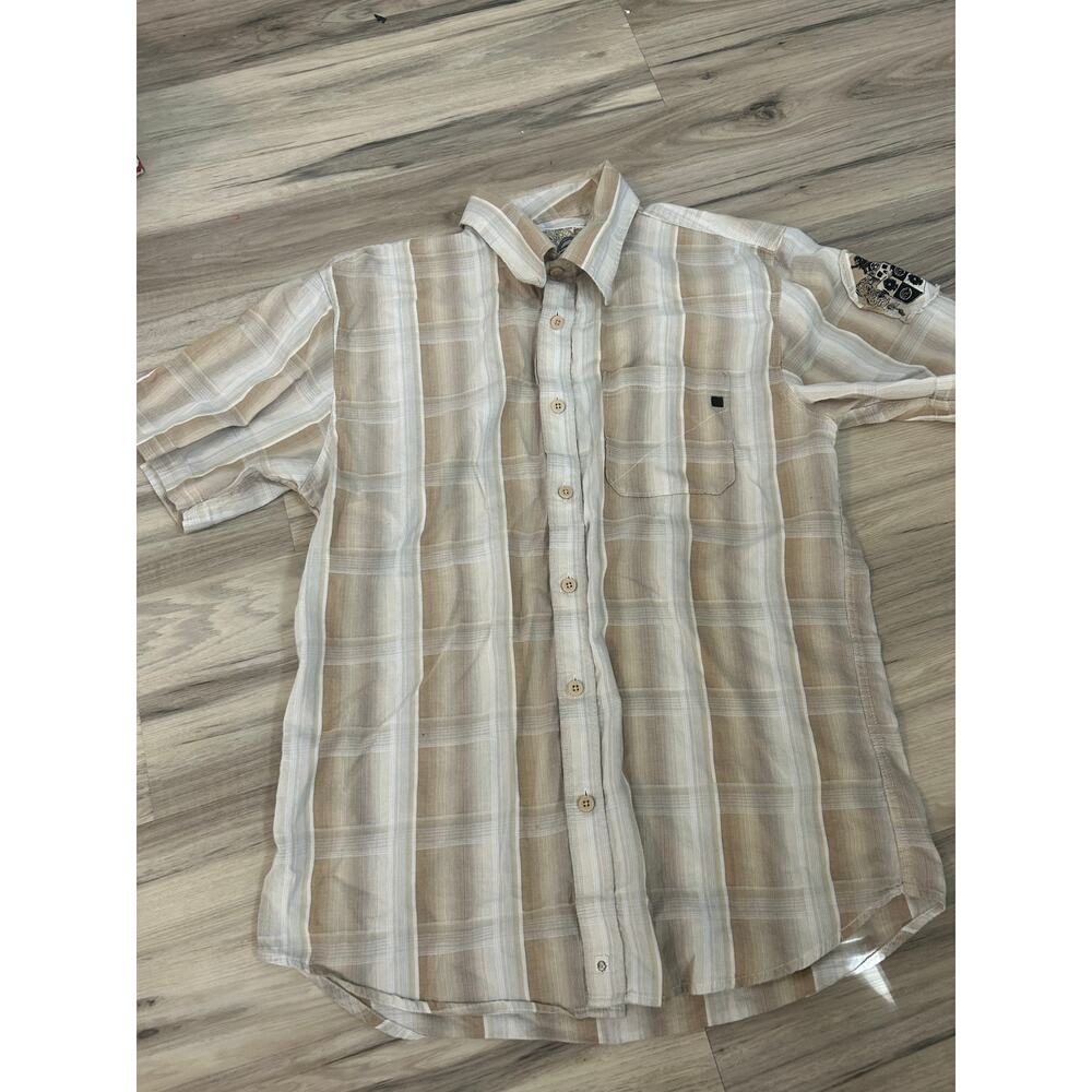 Ocean Current Mens Short Sleeve Medium Surfing Plaid Button Up Tan